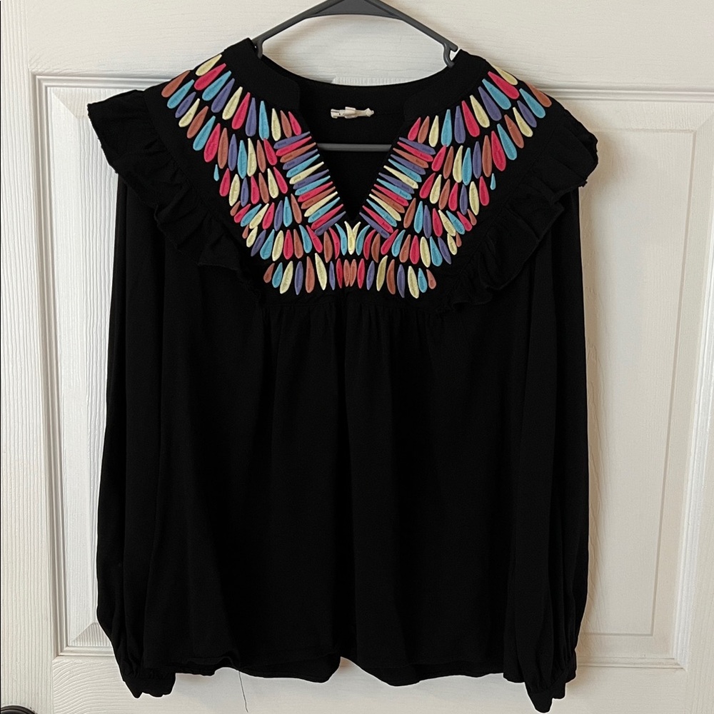 JODIFL Black Blouse with Colorful Embroidery
